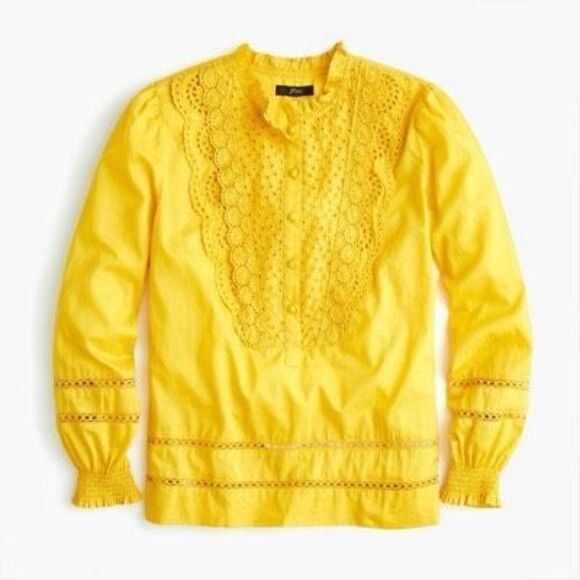 J. Crew Tops - J.Crew Ruffle-Neck Eyelet Top Rich Gold K2215 Size 0 XS Yellow Long Sleeve